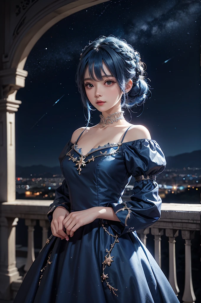 Blue haired girl character、Night scene with starry sky background、Wearing a gorgeous dress、Subtle details、A fantastic atmosphere、Anime style