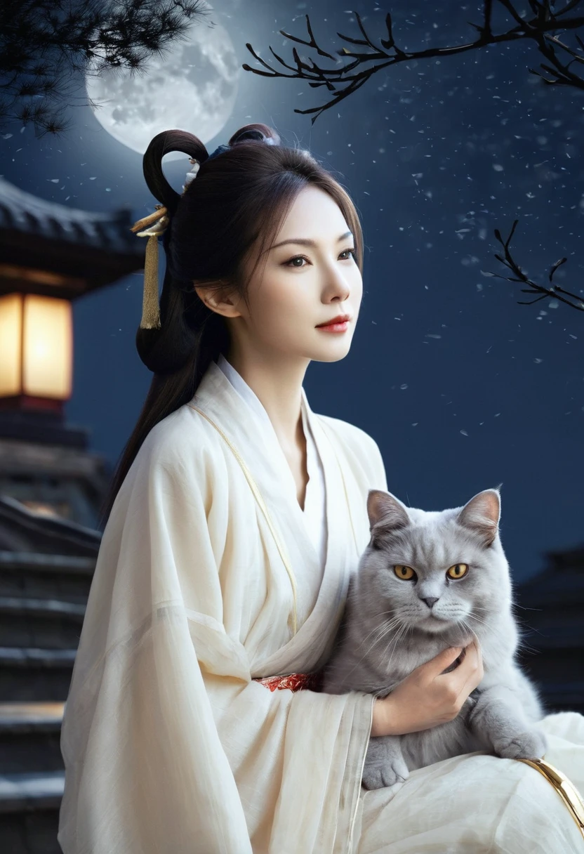 Apparition,Girl, Cat ear, Beautiful oriental woman, Moonlit Night Background , Realistic Women, lovely,Japanese
