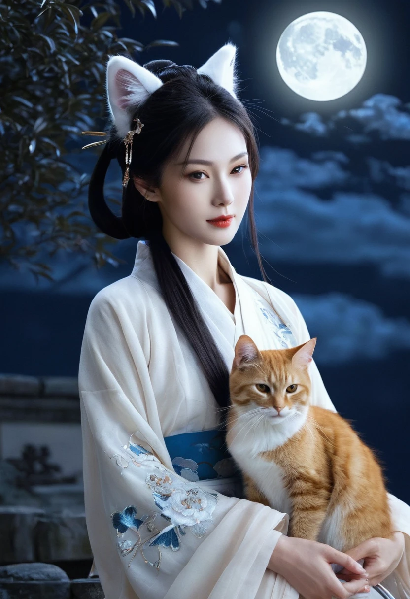 Apparition,Girl, Cat ear, Beautiful oriental woman, Moonlit Night Background , Realistic Women, lovely,Japanese
