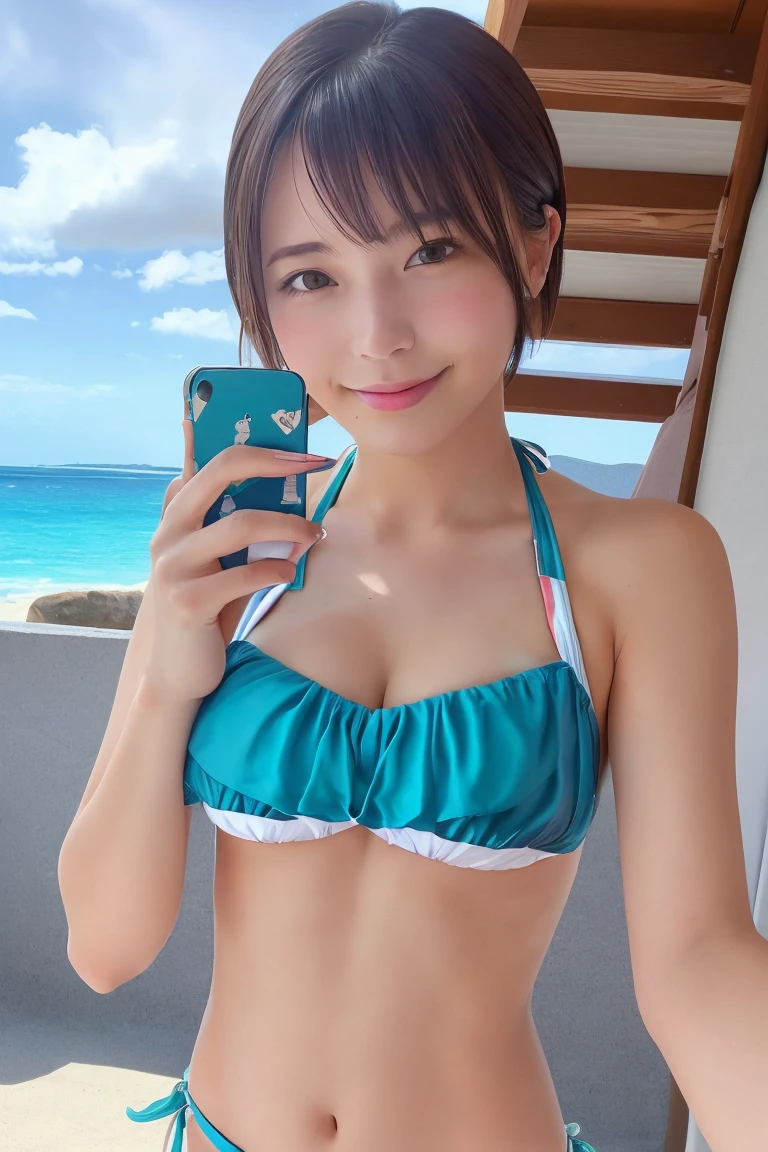 Beautiful young woman taking a selfie, Taken with iPhone camera、Japanese,short hair((スポーツSwimwear:1.3)), Swimwear,Upper Body,One Girl