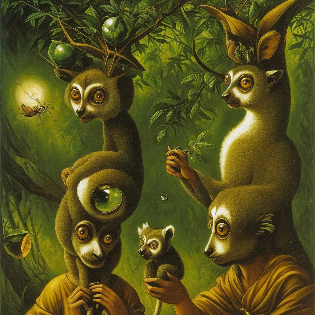 A strange lemur with a large head and huge green eyes: his body is small compared to his head, in his hands he is holding insects. In the Remedios Varo pictorial style. 