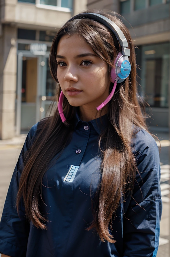 female avatar with long hair and wearing pink headphones and a short black and blue shirt