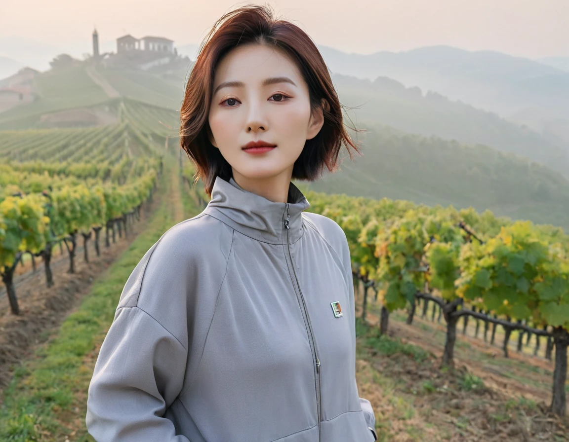 8k best picture quality, Beautiful 36-year-old Korean woman, short and nice weather. Chest size 34 inches, Dense fog at dawn in the Italian countryside, past the vineyard, The cathedral is visible in the fog in the distance., The back background is realistic and vivid quality., Short and medium hair blowing in the wind, Wear a neck collar, a light windbreaker jumper, and gray jeans.., a faint smile. the background is clear, Short and slim Korean woman, stand far away, Photo taken with a wide-angle lens, Taken from a hill overlooking a misty vineyard, Full body photo taken with Canon Mark 5 camera 16-35 wide angle lens