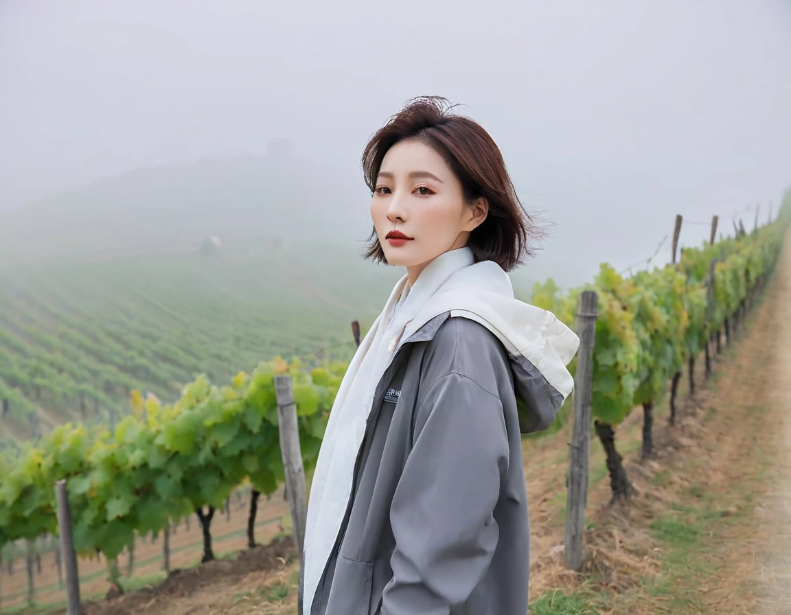 8k best picture quality, Beautiful 36-year-old Korean woman, short and nice weather. Chest size 34 inches, Dense fog at dawn in the Italian countryside, past the vineyard, The cathedral is visible in the fog in the distance., The back background is realistic and vivid quality., Short and medium hair blowing in the wind, Wear a neck collar, a light windbreaker jumper, and gray jeans.., a faint smile. the background is clear, Short and slim Korean woman, stand far away, Photo taken with a wide-angle lens, Taken from a hill overlooking a misty vineyard, Full body photo taken with Canon Mark 5 camera 16-35 wide angle lens