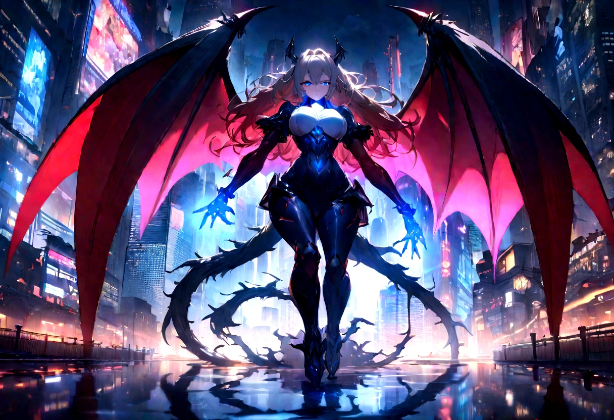 ((masterpiece, Highest quality, Best image quality, High resolution、8k))Huge lion face、A giant humanoid demon、Devil's wings grow、Glowing blue eyes and advanced cybernetic enhancements. Seen in dynamic action poses, reflection on a smooth surface. The cityscape below is filled with towering skyscrapers., illuminated by colorful holographic advertisements, Shining with blue energy, Mighty power. The overall atmosphere is dark and mysterious., It had a futuristic techno vibe.. The lighting is dramatic, Intense highlights and deep shadows, Creates depth and tension.