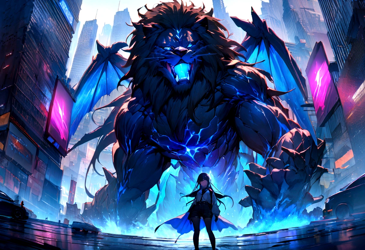 ((masterpiece, Highest quality, Best image quality, High resolution、8k))Huge lion face、A giant humanoid demon、Devil's wings grow、Glowing blue eyes and advanced cybernetic enhancements. Seen in dynamic action poses, reflection on a smooth surface. The cityscape below is filled with towering skyscrapers., illuminated by colorful holographic advertisements, Shining with blue energy, Mighty power. The overall atmosphere is dark and mysterious., It had a futuristic techno vibe.. The lighting is dramatic, Intense highlights and deep shadows, Creates depth and tension.