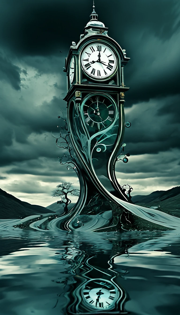in a surreal dream landscape, The clock melts and distorts, Reflecting the fluidity of time itself.