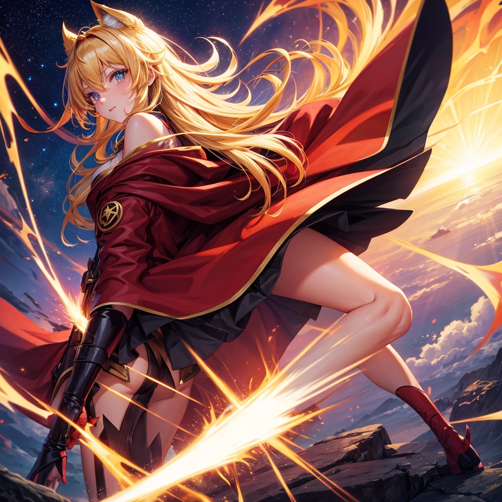 anime girl ( super hero outfit, hair blonde, Eyes red, red cloak ), several rays of power surrounding his body, cenario ( Starry sky, Sunset )