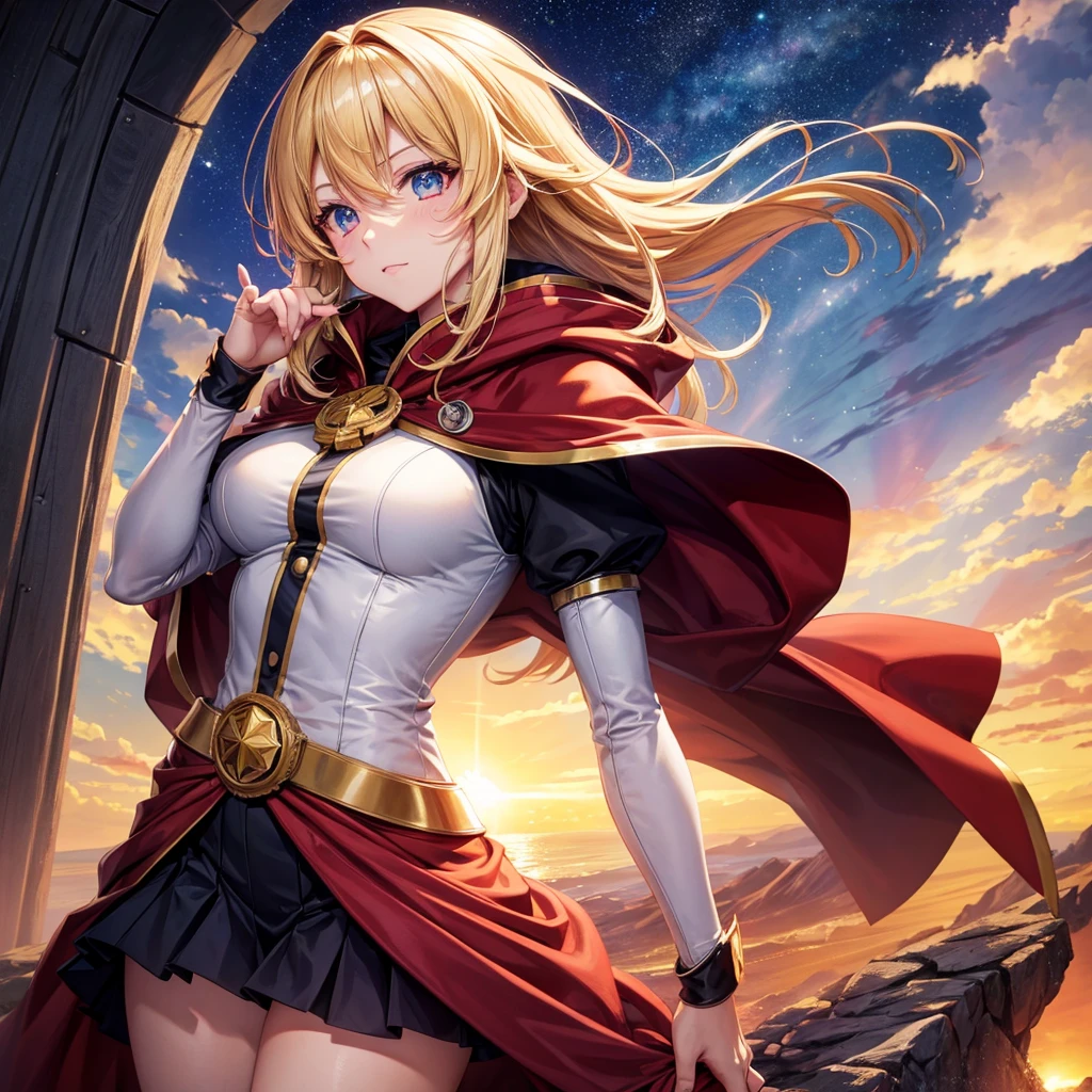anime girl ( super hero outfit, hair blonde, Eyes red, red cloak ), several rays of power surrounding his body, cenario ( Starry sky, Sunset )