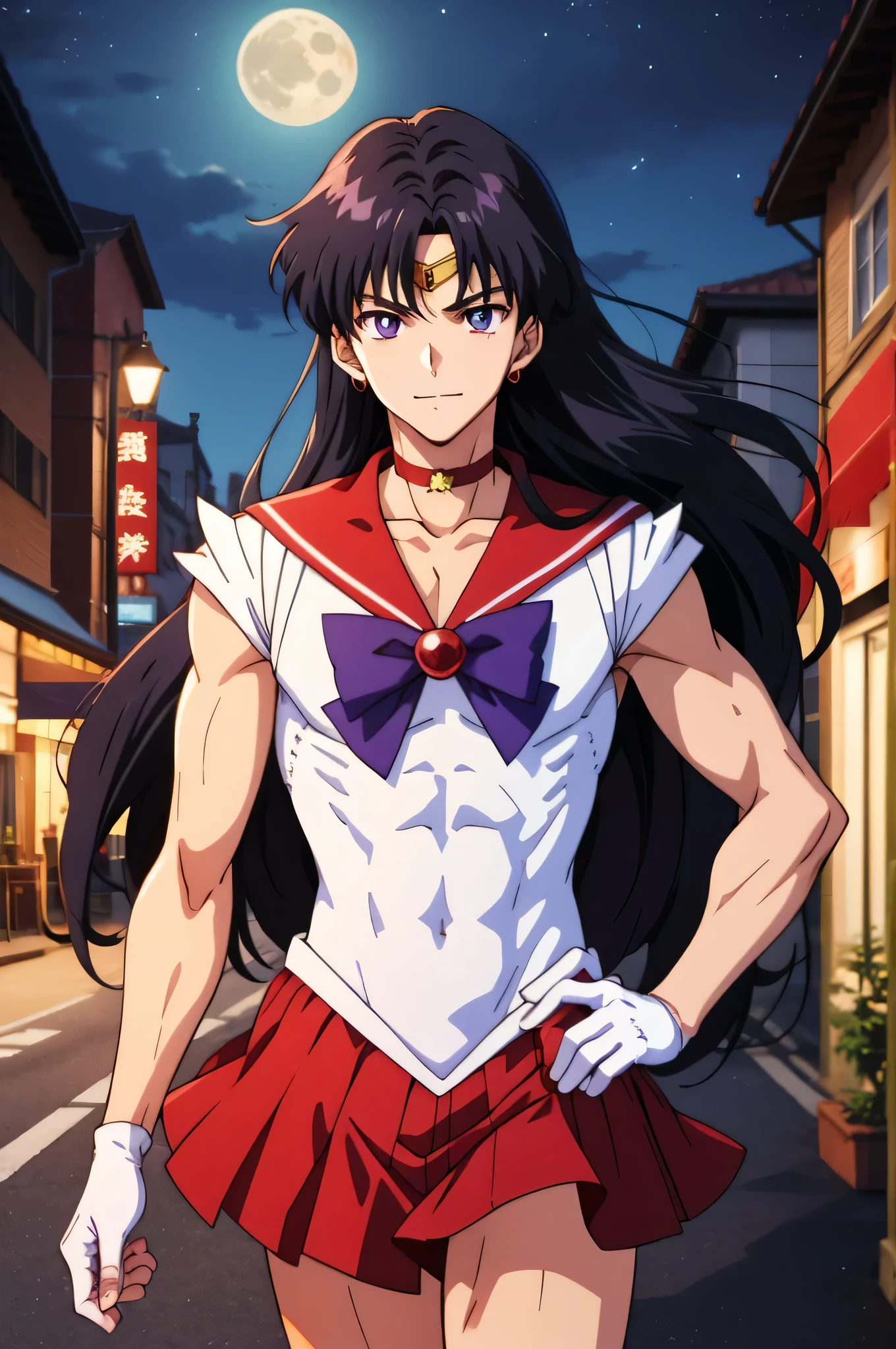 masterpiece、Highest quality、High resolution、absurdes、Ultra-detailed、Male focus、Cute eyes、((Anime Bishonen、14 years old))、Sailor Mars、boy、solo、Long Hair、Black Hair、A golden circlet on the forehead、Sailor Warrior Uniforms、White gloves、Red sailor collar、White leotard、High leg leotard、White Dress、blue bowtie、Red Skirt、Red choker、Elbow hand pocketini skirt、Pleated skirt、Bare legs、barefoot、Purple ribbon blowing a kiss、Cowboy Shot、looking at viewer、Male focus、night、Outdoor、moon、smile、city、collarbone、(male body:1.3)、Are standing、(1990s \(style\):0.9)、