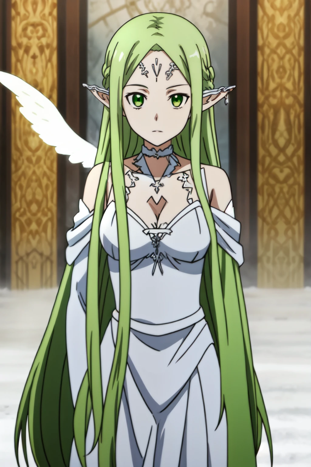 Masterpiece, beat quality, ((anime art style)), elf Girl, light green hair, pointed ears, jade eye, (NPC_freyja), big chest, white clothes with gold details, white wand in hand, skin as white as powdery snow. His disguise had long flowing, deep brown-gold/tea-gold hair and pupils of the same colour. The disguise also had a beautiful face that was sublimed with western European beauty, and she wore a white dress
