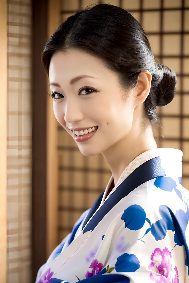 (Highest quality、Tabletop、8K、Best image quality、Award-winning works)、(One beautiful mature woman:1.1)、Adult face、(Innkeeper:1.1)、(A top-quality white kimono with an elegant floral pattern:1.2)、(A kimono with a perfect and precise collar:1.2)、Perfect mature woman portrait photo、Glowing Skin、Standing Elegantly、(The most realistic and perfect Japanese style background:1.3)、(Strongly blurred background:1.2)、Glowing Skin、Very beautiful skin、(Accentuate your body lines:1.1)、(The most graceful posture:1.2)、(Large Breasts:1.2)、A perfect smile、Perfect beautiful glossy lips、(Accurate anatomy:1.2)、(A perfect and elegant outfit:1.1)、(Standing with good posture:1.1)、(Beautiful, elegant and top-quality patterned kimono:1.2)、、(Perfect and natural beautiful sleeves:1.2)、(A perfect and natural beautiful collar:1.2)、(Perfect and natural beautiful sleeves:1.2)、(An elegant and high-quality patterned kimono obi:1.4)、(A perfect and natural beautiful kimono obi:1.1)、(Chignon:1.2)、(Close-up of face:1.4)、(A smile looking at me:1.2)