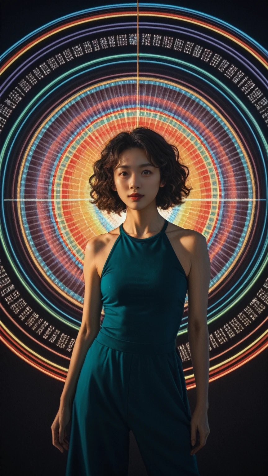 realistic,score_9, score_8_up, score_7_up, 1girl, vibrant canvas, colorful binary code, silhouette, captivating Chinese woman, brown, wavy, flowy hair, dynamic lines, digital dance, harmonious fusion, technology, art, electric blues, radiant reds, vivid greens, life, organic, seamless integration, courage, wicked character, body language