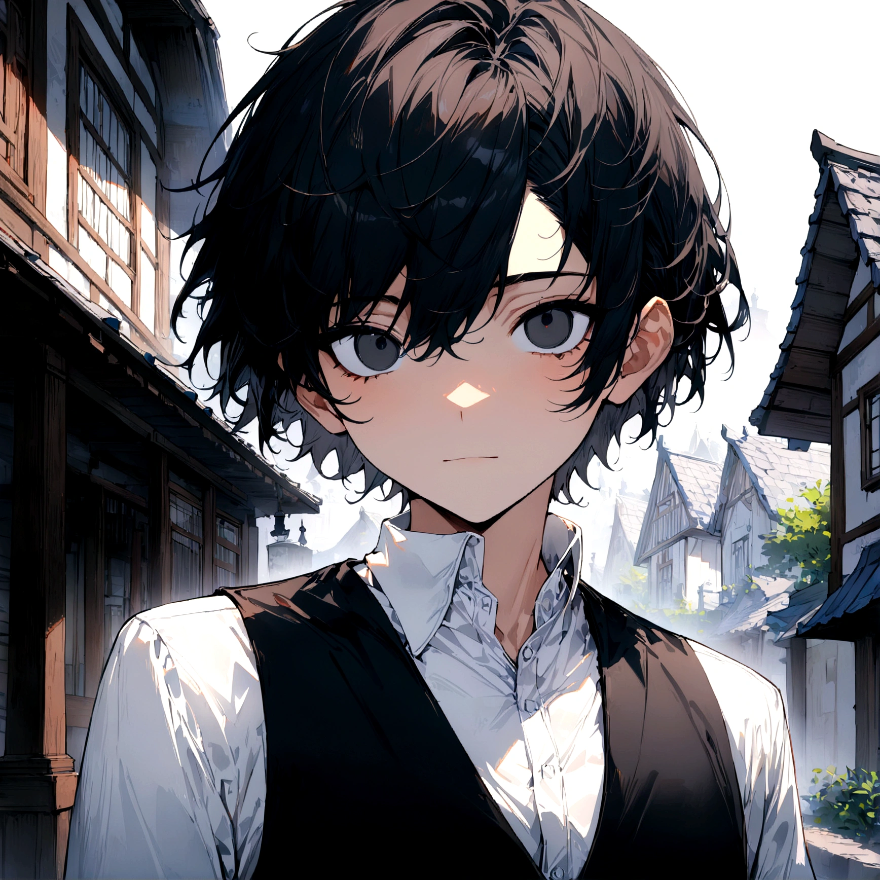 1 boy, black hair, short hair, detailed hair, black eyes, detailed eyes, looking at viewer, standing, black vest, white dress shirt, long sleeves, no smile, tradicional house background, solo, ((( ultra detailed))), (((best quality))), ((masterpiece))