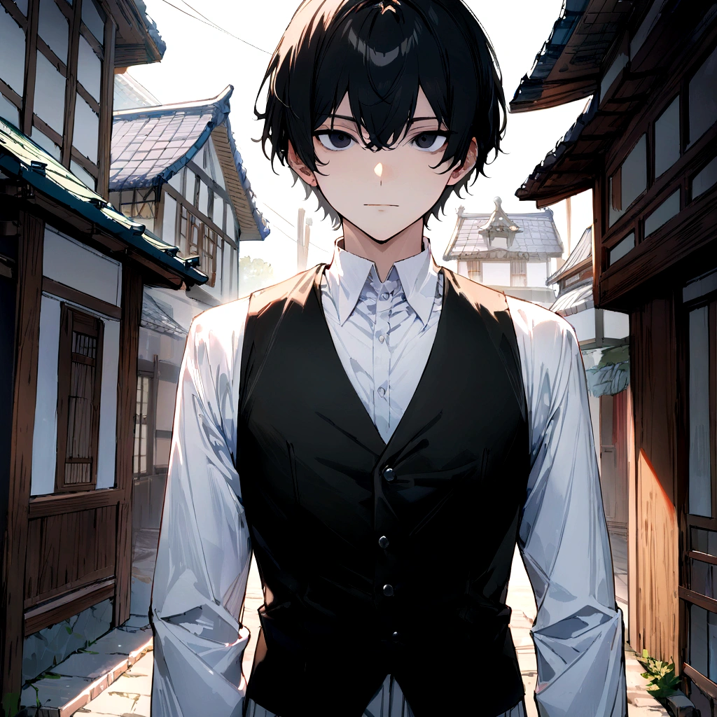 1 boy, black hair, short hair, detailed hair, black eyes, detailed eyes, looking at viewer, standing, black vest, white dress shirt, long sleeves, no smile, tradicional house background, solo, ((( ultra detailed))), (((best quality))), ((masterpiece))