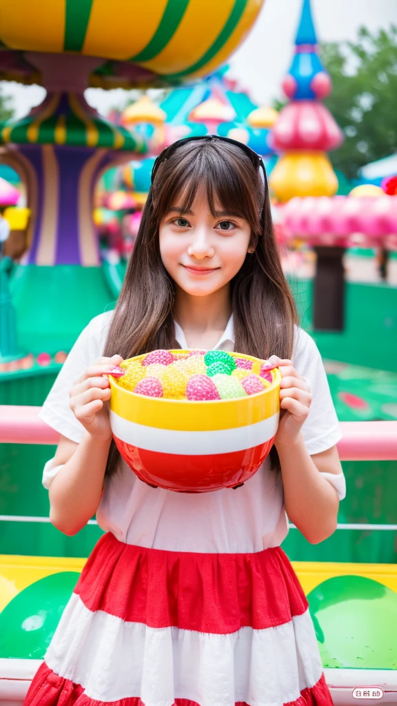 (8K, RAW photo, highest quality masterpiece: 1.2), A young woman holding a large mushmilo in a candy-themed amusement park, avoiding sensitive expressions.