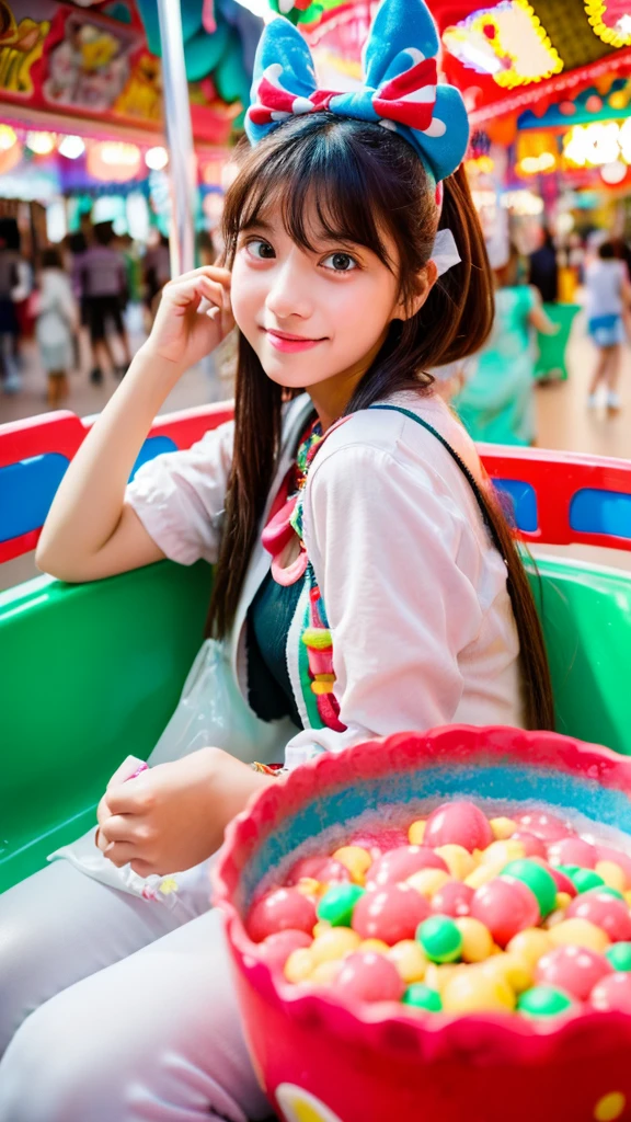 (8K, RAW photo, highest quality masterpiece: 1.2), A young woman holding a large mushmilo in a candy-themed amusement park, avoiding sensitive expressions.
