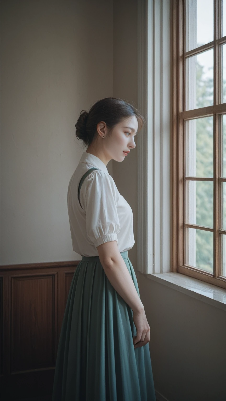 realistic,score_9, score_8_up, score_7_up, 1girl, capturing picturesque, quaint scene, artwork serene, intricate details, dilapidation, mysterious charm, high-quality 8K resolution, wallpaper