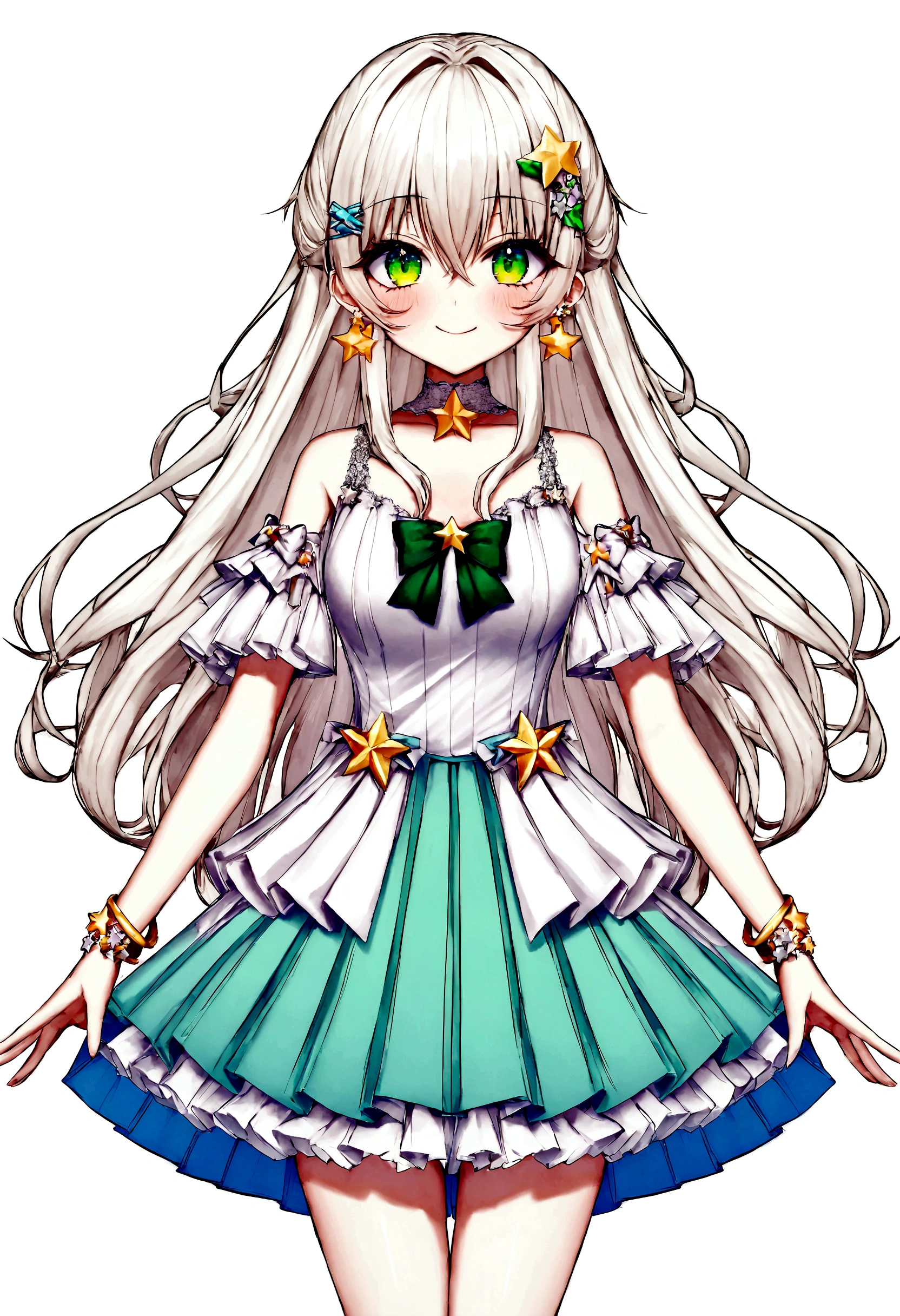 (vtubermodel:1.2) fullbody, 1girl, with straight hair color rgb(217, 210, 210) with a faint blue sheen at the tips and green blue eyes, smiling, (white sleeveless top with lace and a small bow:1), (light blue pleated skirt with star patterns and hints of Ruri green:1), white flat shoes with star decorations, fluffy star-shaped hair clip, silver bracelet with star charms, small star-shaped earrings, high quality, extra detailed, rendered, sharp face, symmetrical, facing viewer, A-pose, (white background:1.5), looking at viewer, elements of Ruri green subtly incorporated in the outfit
