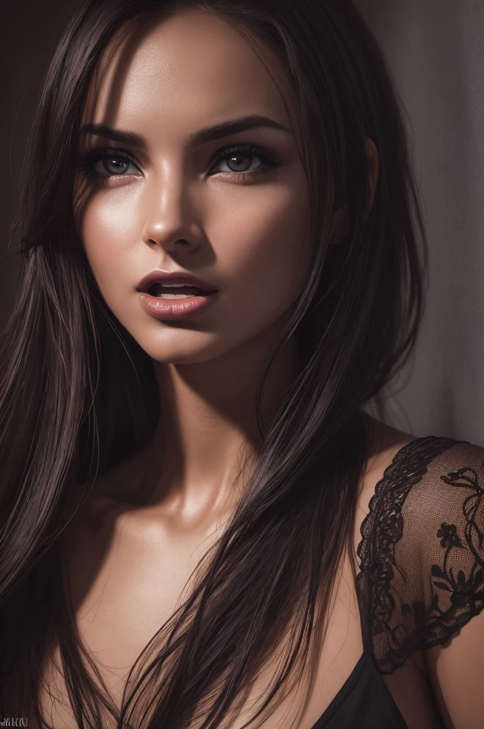 woman with sexy mouth and tongue out touching her face with an expression of pleasure looking up in a dark room (best qualityer,4K,8K,high resolution,work of art:1.2),ultra detali,(realisitic,photorealisitic,photo-realisitic:1.37),detailedeyes,Detailed lips,extreme detailed face, intense expression,chiaroscuro lighting,temperamental atmosphere,dramatic shadows,rich colors,cinematic,portraite