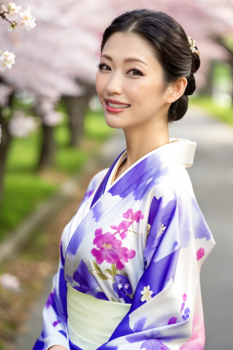 (Highest quality、Tabletop、8K、Best image quality、Award-winning works)、(One beautiful mature woman:1.1)、Adult face、(Innkeeper:1.1)、(A top-quality white kimono with an elegant floral pattern:1.2)、(A kimono with a perfect and precise collar:1.2)、Perfect mature woman portrait photo、Glowing Skin、Standing Elegantly、(Strongly blurred cherry blossom park background:1.3)、(Strongly blurred background:1.2)、Glowing Skin、Very beautiful skin、(Accentuate your body lines:1.1)、(The most graceful posture:1.2)、(Large Breasts:1.2)、A perfect smile、Perfect beautiful glossy lips、(Accurate anatomy:1.2)、(A perfect and elegant outfit:1.1)、(Standing with good posture:1.1)、(Beautiful, elegant and top-quality patterned kimono:1.2)、、(Perfect and natural beautiful sleeves:1.2)、(A perfect and natural beautiful collar:1.2)、(Perfect and natural beautiful sleeves:1.2)、(An elegant and high-quality patterned kimono obi:1.4)、(A perfect and natural beautiful kimono obi:1.1)、(Chignon:1.2)、(Close-up of face:1.4)、(A smile looking at me:1.2)