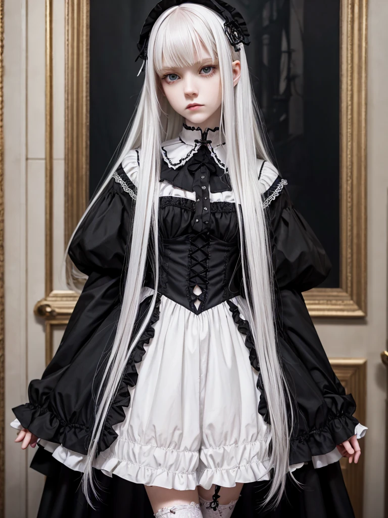 (best quality), 1girl, (child), female, pale skin, split-color hair, black hair, white hair, long hair, parted bangs, straight hair, dark eyes, perfect eyes, slender, scowl, (dark fantasy), gothic lolita clothes, fully clothed, masterpiece, anatomically correct, highres