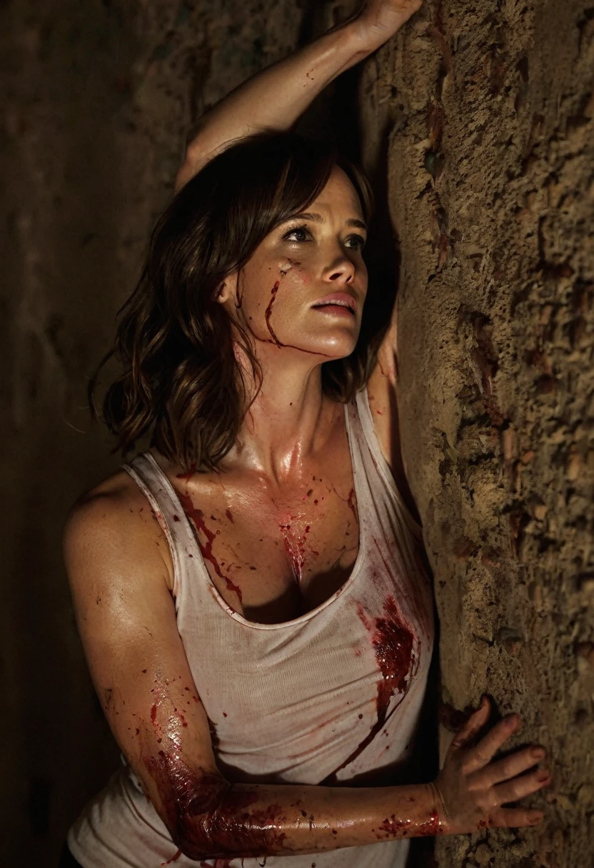 (dutch angle:1.6), (cowboy shot:1.4), (Short brunette hair), (beautiful female), ((Jennifer Garner:1.2),(Emma Stone:1), (blood on face from head wound:1.4),  ((Dynamic pose, leaning on wall for support)), trying desperately to  escape,  in a chilling scene from a reimagined "Hostel" film, (intense eroticism:1.7) intertwined with horror, smeared with dirt and (blood), (tattered tank top:1.8), (black panties), trapped in a dark, menacing basement, chiaroscuro lighting illuminating her fear-stricken face, a ([macabre] yet seductive:1.4) atmosphere, echoes of Caravaggio's dramatic intensity, raw, sadistic peril around every corner.