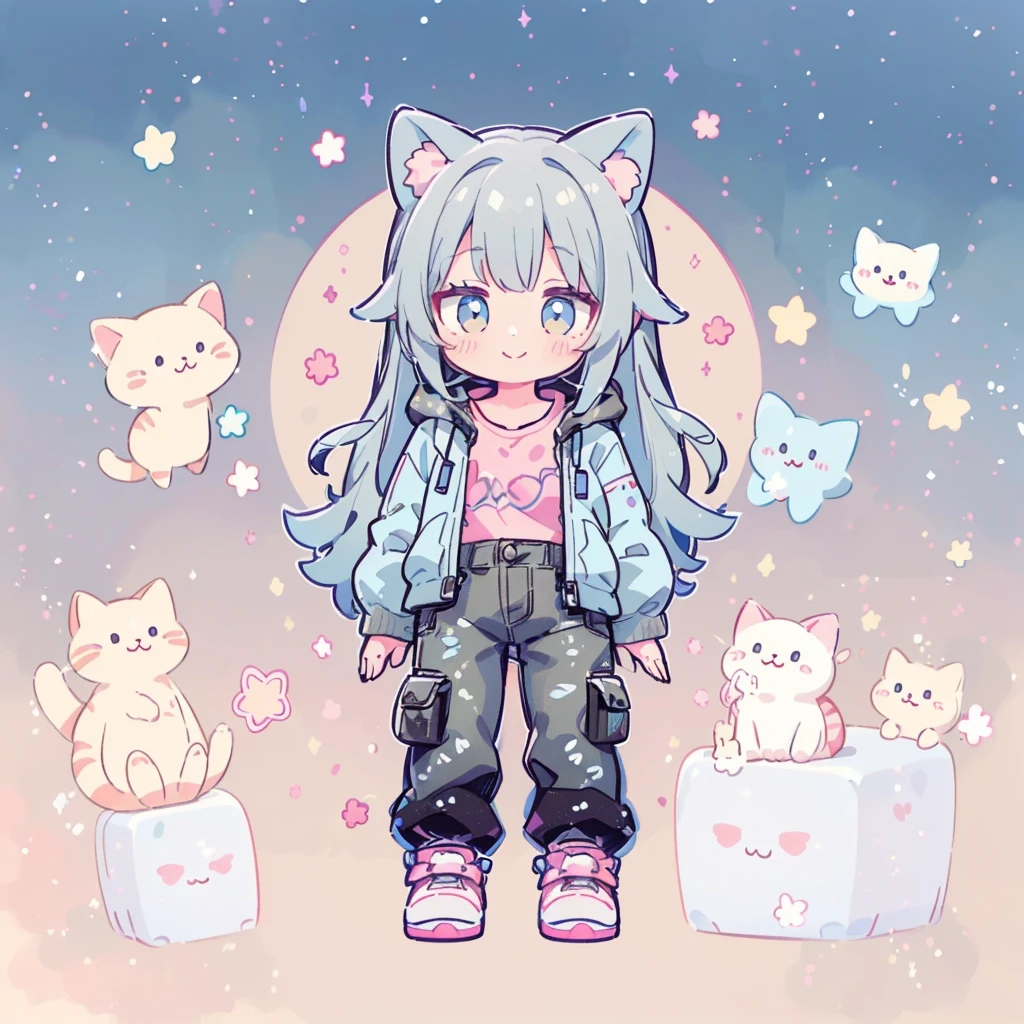 ((Highest quality，masterpiece，Extremely complex and exquisite details，A short girl with gray and blue cat ears and long hair is in the center，Gray blue super long straight hair，Curly hair at the ends，Sparse air bangs，Gray and pink T-shirt with xJ lettering，Denim hooded cropped jacket，Black and gray long cargo pants))，(pink and white sneakers，Smile slightly，Surrounded by tons of cute short-legged cats，Correct anatomy)，Super Q super cute short full body portrait，Starry sky background vertical painting space scene