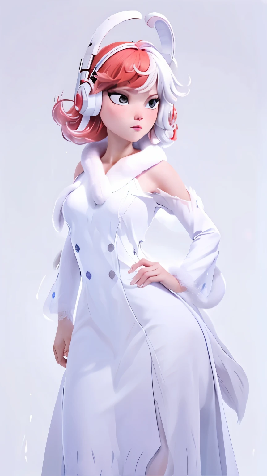 (1 girl, alone, Masterpiece, 4k, Best Quality:1.2, (cowboy shot), Best Quality:1.2, good hands, striking, (perfect hands, perfect anatomy)), 
utaop, headphones,blush, White dress, fur on one, red and white hair, multicolor fur, High average, 
((medium breasts, big hips, looking at the viewer)), 
((simple background, White background)), 