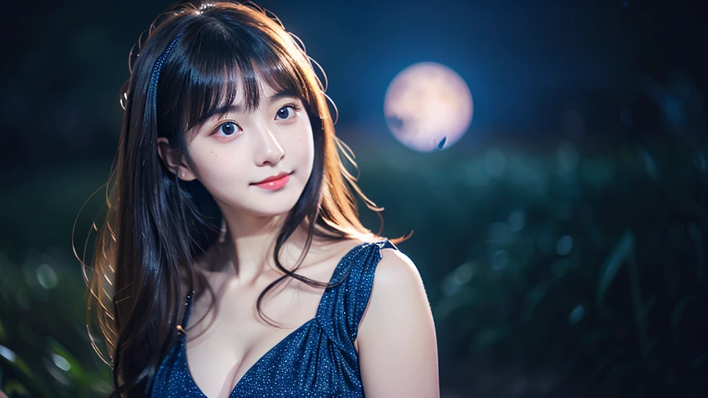 A very cute face like an idol、Looks like a young face、20-year-old female、Gentle and cute、Cleavage、Beautiful moon and starry night、Looking up at the night sky、Moonlight only、Dark Light、RAW Photos、Genuine、live-action、(Romantic)、(Artistic Expression)、Real Stick、High resolution、masterpiece