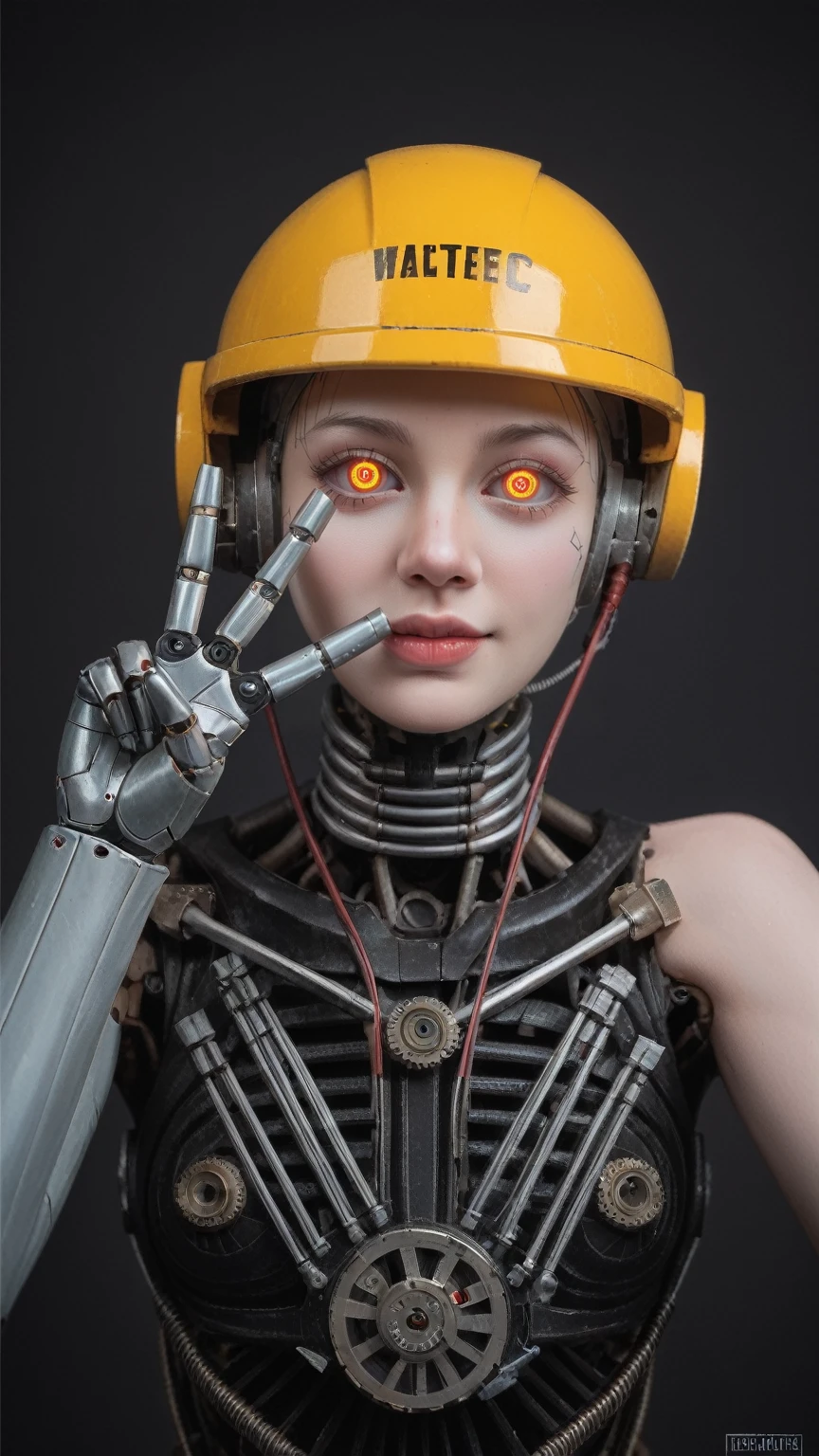 realistic,score_9, score_8_up, score_7_up,
robotic figure, prominent yellow helmet, weathered, rusted, large circular eyes, glowing, enigmatic, haunting, patchwork body, mechanical parts, gears, tubes, aged metals, corroded materials,Give a V victory sign,SideBoob,