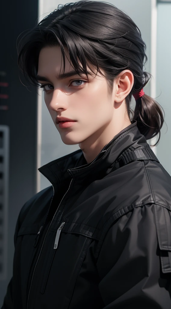 a man, muscualr,strong body,trained, ((wearing half sleeve black jacket:1.5)), (best quality,4k,8k,highres,masterpiece:1.2),ultra-detailed,realistic,professional,(portraits,concept artists),vivid colors,sharp focus,HDR,studio lighting,(black hair:1.1),(purple eyes:1.1), hair tied in a small half ponytail, dutch feature