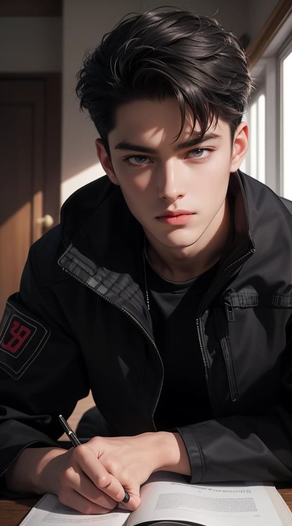 a man, muscualr,strong body,trained, ((wearing half sleeve black jacket:1.5)), (best quality,4k,8k,highres,masterpiece:1.2),ultra-detailed,realistic,professional,(portraits,concept artists),vivid colors,sharp focus,HDR,studio lighting,(black hair:1.1),(purple eyes:1.1), hair tied in a small half ponytail, dutch feature