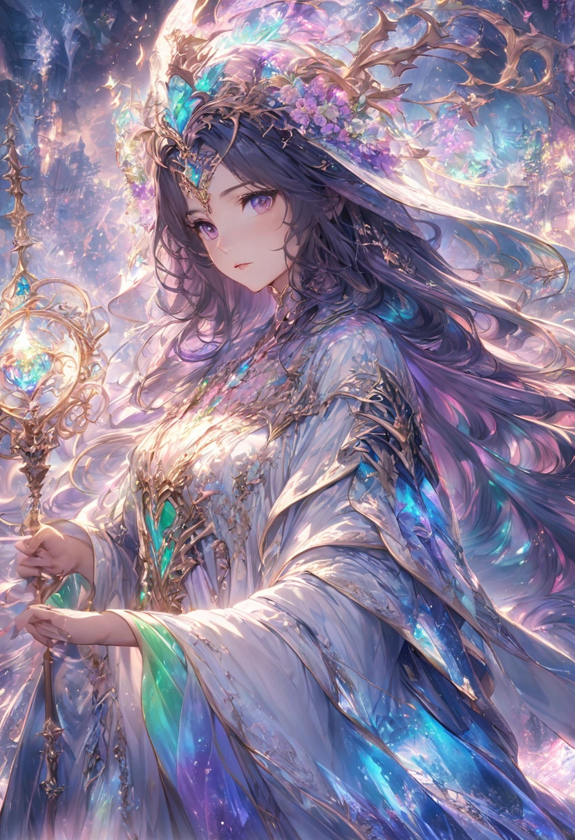 A mesmerizingly enigmatic sorcerer, his every movement a symphony of magic and mystery: flowing robes in shifting hues of opalescent greens and purples, swirling tendrils of shimmering energy emanating from his fingertips. The digital painting captures this spellbinding figure in intricate detail, each pixel finely crafted to convey a sense of otherworldly power and grace. The illusionary mage is the central focus of the image, his presence drawing viewers into a realm of wonder and enchantment. anime girl , close up