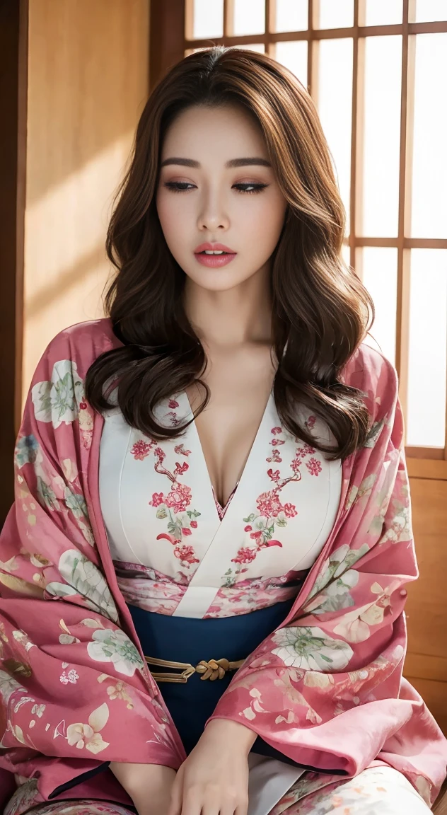 ((Highest quality, 8K, masterpiece: 1.3)), Big tits beautiful, 1 female, Greater than: 1.3, Slim Abs: 1.1, Long wavy dark brown hair, (Wearing kimono Moaning Yawn seductively, 1. Pleasure yourself with your hands, Roll your eyes, Spread your legs: 1.2), Highly detailed face, Highly detailed lips, Yawn, Detailed eyes, double eyelid