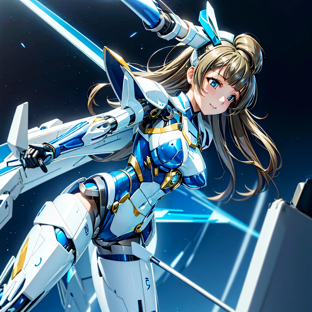 masterpiece, high quality, Inside the Institute of Mechanization、On the operating table during remodeling surgery、Minami Kotori, who has been turned into a mechanical body cyborg、Blue and white leotard armor、A precisely mechanized body、Exposed precision machined genitals、Single image、from the front,Put the whole body