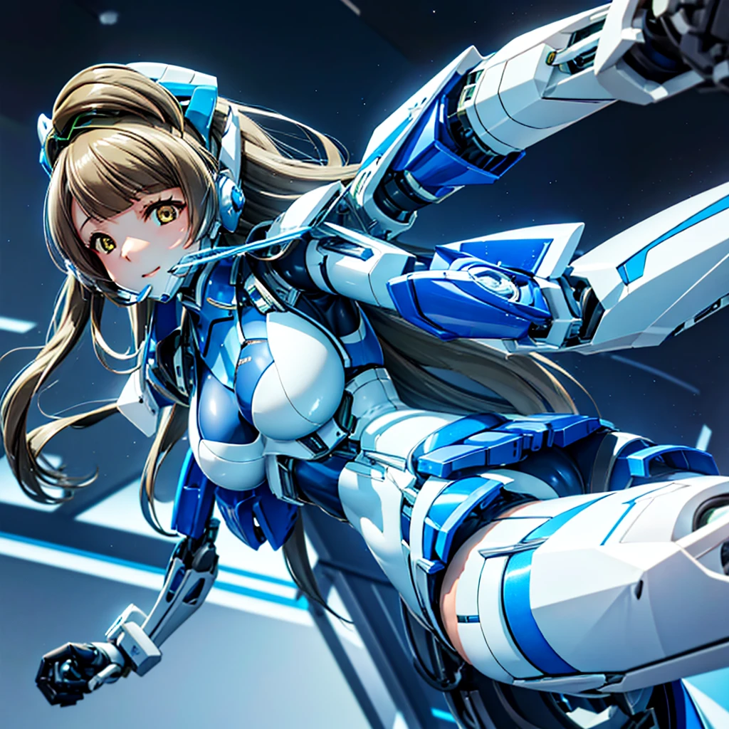 masterpiece, high quality, Inside the Institute of Mechanization、On the operating table during remodeling surgery、Minami Kotori, who has been turned into a mechanical body cyborg、Blue and white leotard armor、A precisely mechanized body、Exposed precision machined genitals、Single image、from the front,Put the whole body