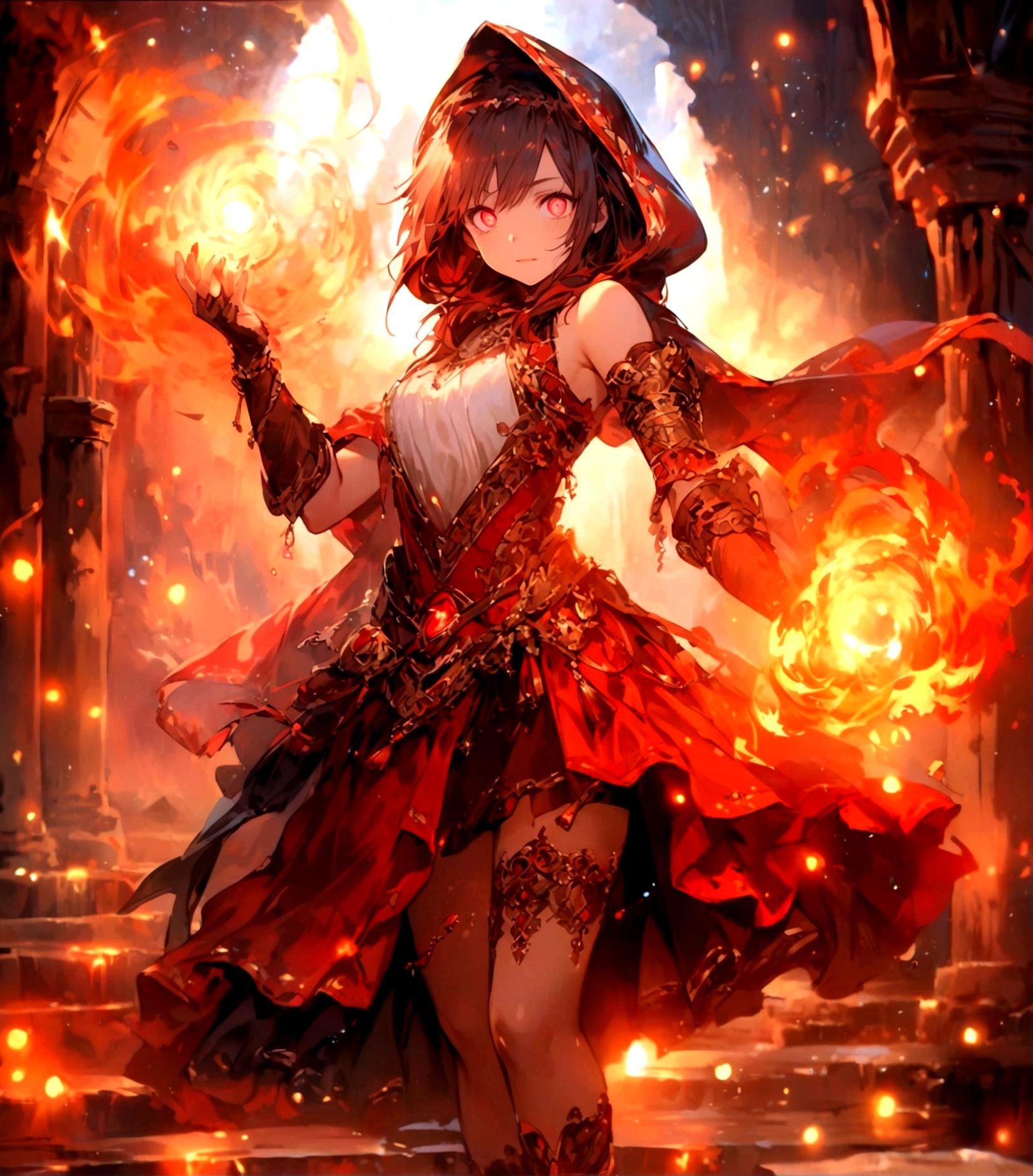 Female (mage, age of 30, long hair, red hair, floating hair, fiery colored eyes, red and gold robes, tanned skin, intense face, glowing eyes) is casting a spell), (flames are swirling around), beautiful volcanic landscape, molten lava flowing, summery hot air shimmering, (embers floating in the air, creating a warm glow), the noonday sun in the sky, male is at a volcanic crater, BREAK, Quality (4k, wallpaper of extremely detailed CG unit, masterpiece, high resolution, top-quality, top-quality real texture skin, hyper-realistic, increase the resolution, RAW photos, best quality, highly detailed, the wallpaper, cinematic lighting, ray trace, golden ratio.), BREAK, Shot(Long shot, wide shot.)