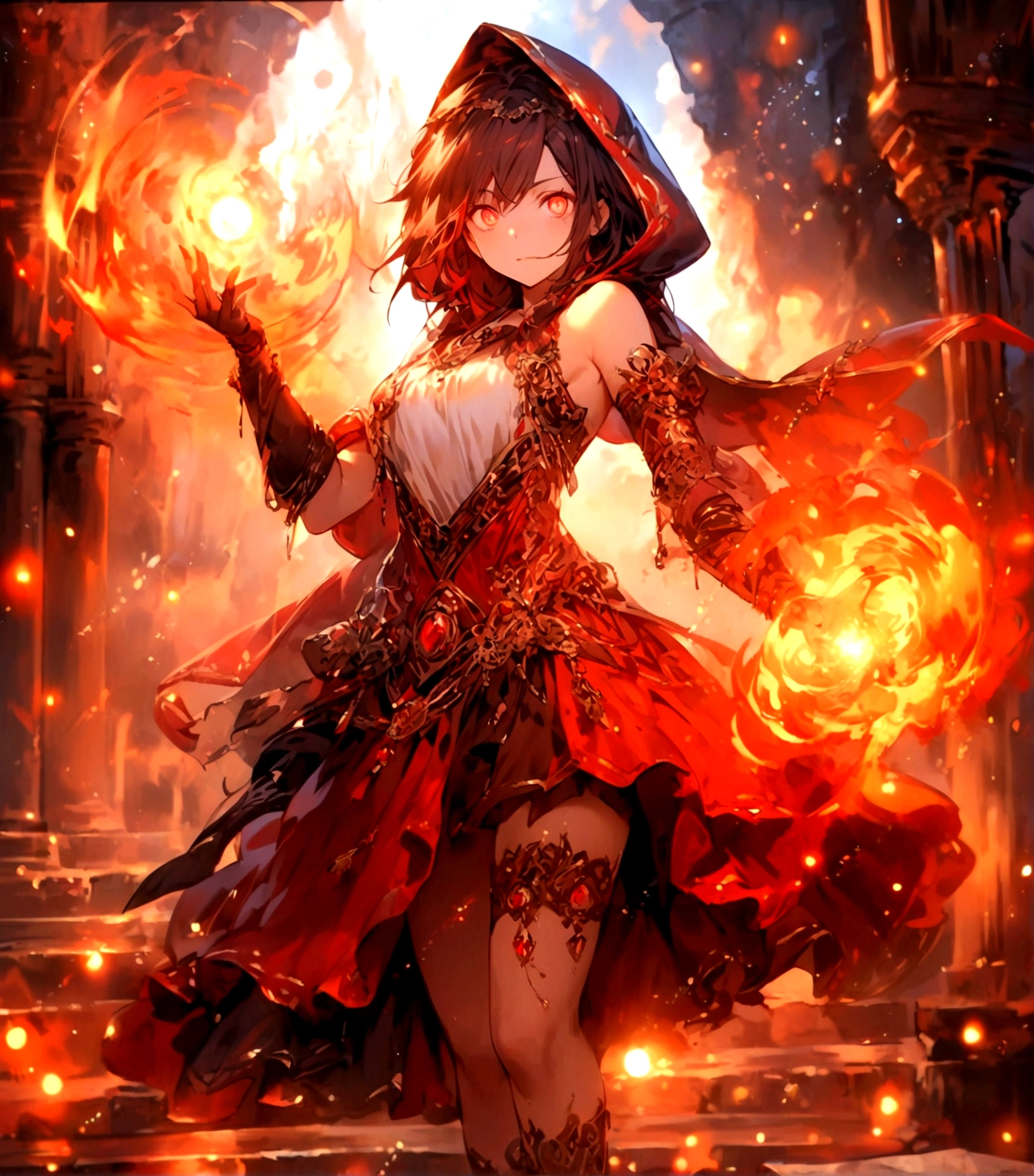 Female (mage, age of 30, long hair, red hair, floating hair, fiery colored eyes, red and gold robes, tanned skin, intense face, glowing eyes) is casting a spell), (flames are swirling around), beautiful volcanic landscape, molten lava flowing, summery hot air shimmering, (embers floating in the air, creating a warm glow), the noonday sun in the sky, male is at a volcanic crater, BREAK, Quality (4k, wallpaper of extremely detailed CG unit, masterpiece, high resolution, top-quality, top-quality real texture skin, hyper-realistic, increase the resolution, RAW photos, best quality, highly detailed, the wallpaper, cinematic lighting, ray trace, golden ratio.), BREAK, Shot(Long shot, wide shot.)