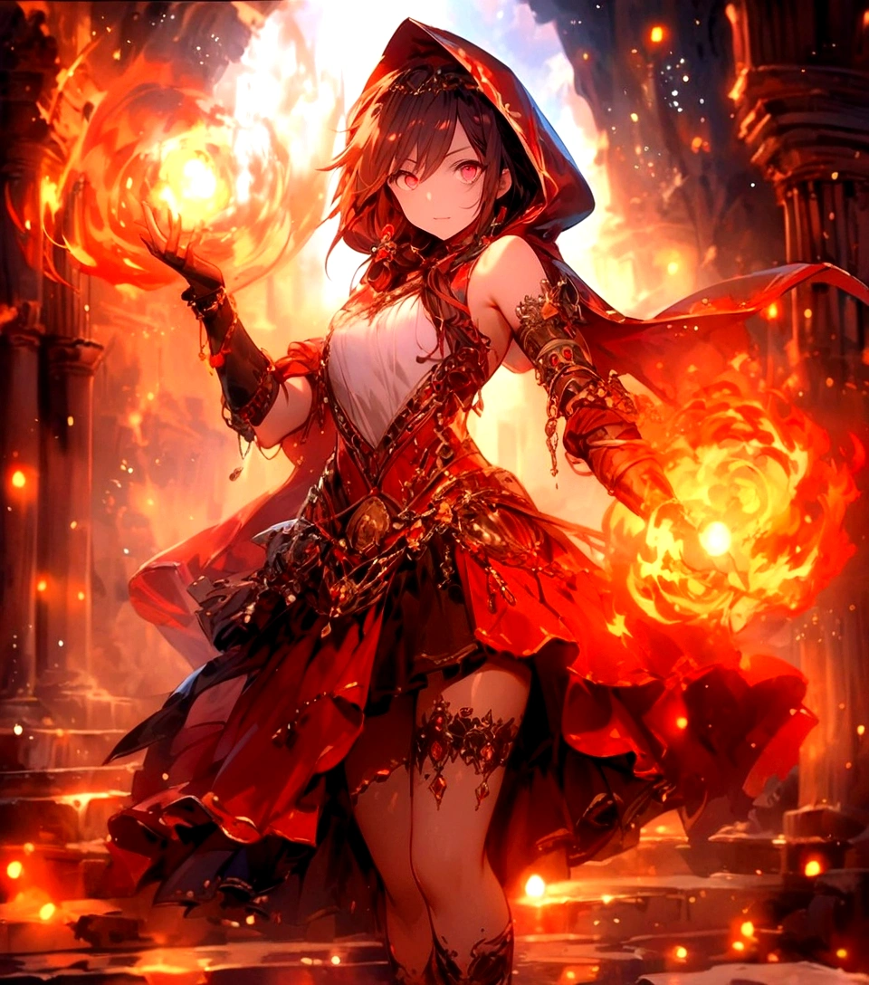 Female (mage, age of 30, long hair, red hair, floating hair, fiery colored eyes, red and gold robes, tanned skin, intense face, glowing eyes) is casting a spell), (flames are swirling around), beautiful volcanic landscape, molten lava flowing, summery hot air shimmering, (embers floating in the air, creating a warm glow), the noonday sun in the sky, male is at a volcanic crater, BREAK, Quality (4k, wallpaper of extremely detailed CG unit, masterpiece, high resolution, top-quality, top-quality real texture skin, hyper-realistic, increase the resolution, RAW photos, best quality, highly detailed, the wallpaper, cinematic lighting, ray trace, golden ratio.), BREAK, Shot(Long shot, wide shot.)