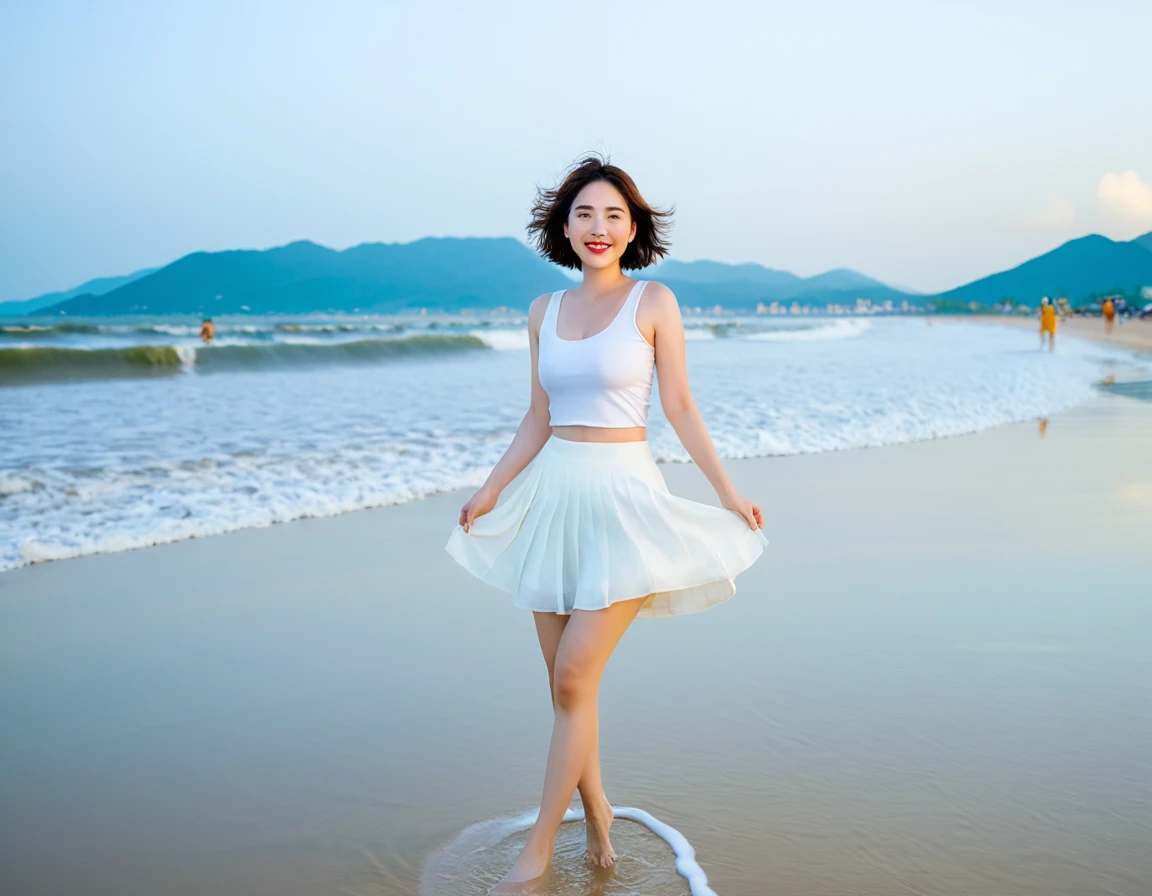 8K, The red light of dusk on the beach is soft.，A strong lingering scent is reflected in the sea., Beautiful 36-year-old short Korean woman, Chest size 34 inches, Wear sleeveless, light and short white skirt. beautiful pretty woman look , wearing a light skirt , Go far into the sea water and dip your toes., Short medium hair blowing in the wind, 1 woman, beautiful eyes, a little smile, Full-body photo taken from afar with a wide-angle lens, Danang Beach in Vietnam with clean and perfect background, the waves are coming, The picture quality is very clear and clear
