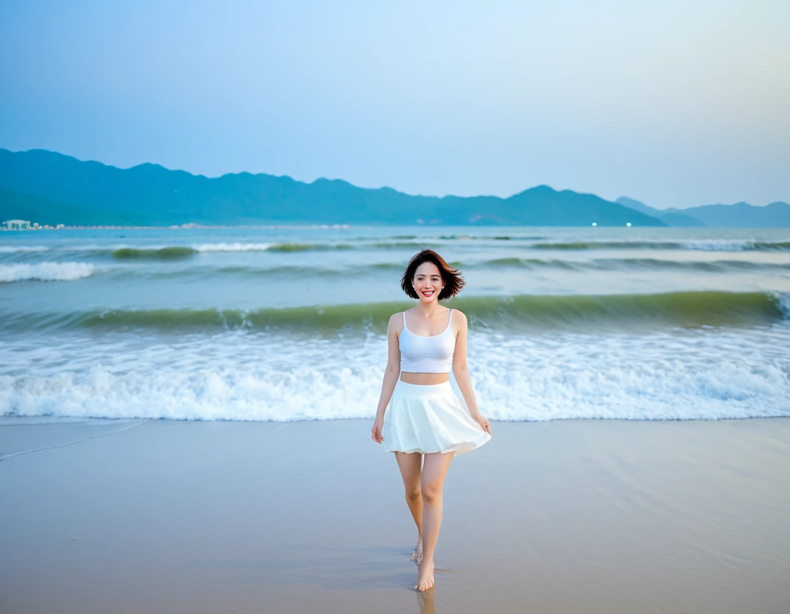 8K, The red light of dusk on the beach is soft.,A strong lingering scent is reflected in the sea., Beautiful 36-year-old short Korean woman, Chest size 34 inches, Wear sleeveless, light and short white skirt. beautiful pretty woman look , wearing a light skirt , Go far into the sea water and dip your toes., Short medium hair blowing in the wind, 1 woman, beautiful eyes, a little smile, Full-body photo taken from afar with a wide-angle lens, Danang Beach in Vietnam with clean and perfect background, the waves are coming, The picture quality is very clear and clear
