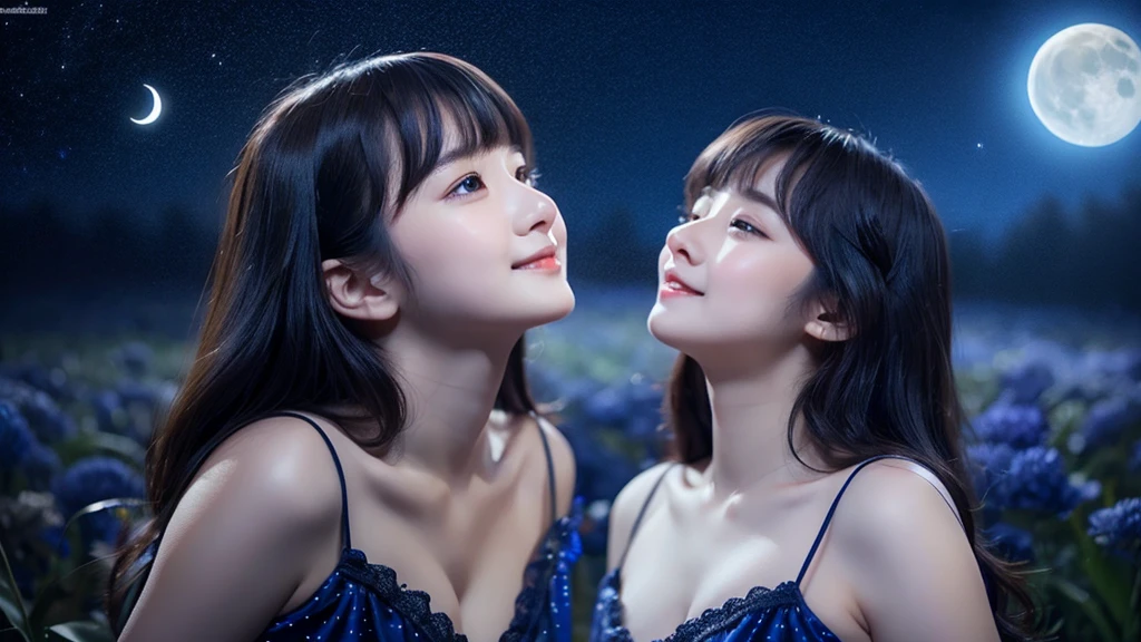 A very cute face like an idol、Looks like a young face、20-year-old female、Gentle and cute、Cleavage、Beautiful moon and starry night、Looking up at the night sky、Moonlight only、Dark Light、RAW Photos、Genuine、live-action、(Romantic)、(Artistic Expression)、Real Stick、High resolution、masterpiece