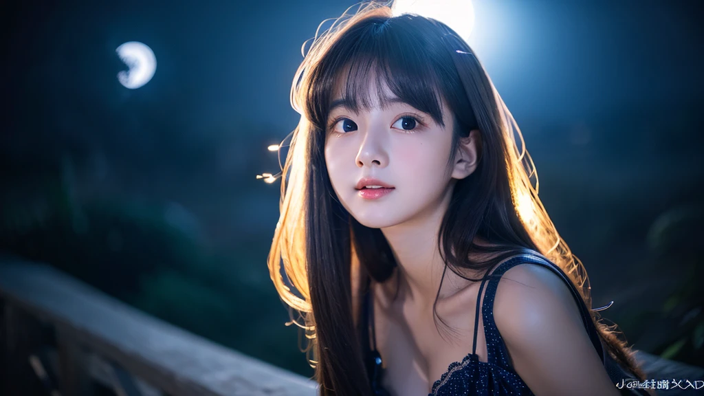 A very cute face like an idol、Looks like a young face、20-year-old female、Gentle and cute、Cleavage、Beautiful moon and starry night、Looking up at the night sky、Moonlight only、Dark Light、RAW Photos、Genuine、live-action、(Romantic)、(Artistic Expression)、Real Stick、High resolution、masterpiece