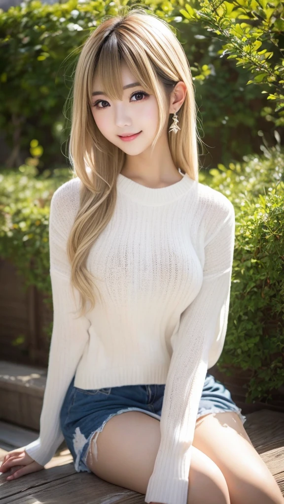 1 Girl、((Virgin Killer Sweater))、blue sky、明るくてとてもbeautiful顔、young, Shiny white skin、Best Looks、Blonde hair that reflects the light brilliantly、光沢のあるbeautifulブロンドの髪を持つ、Very straight hair、Long bangs、非常にbeautiful17歳、beautiful、Adorable、beautiful女の子、