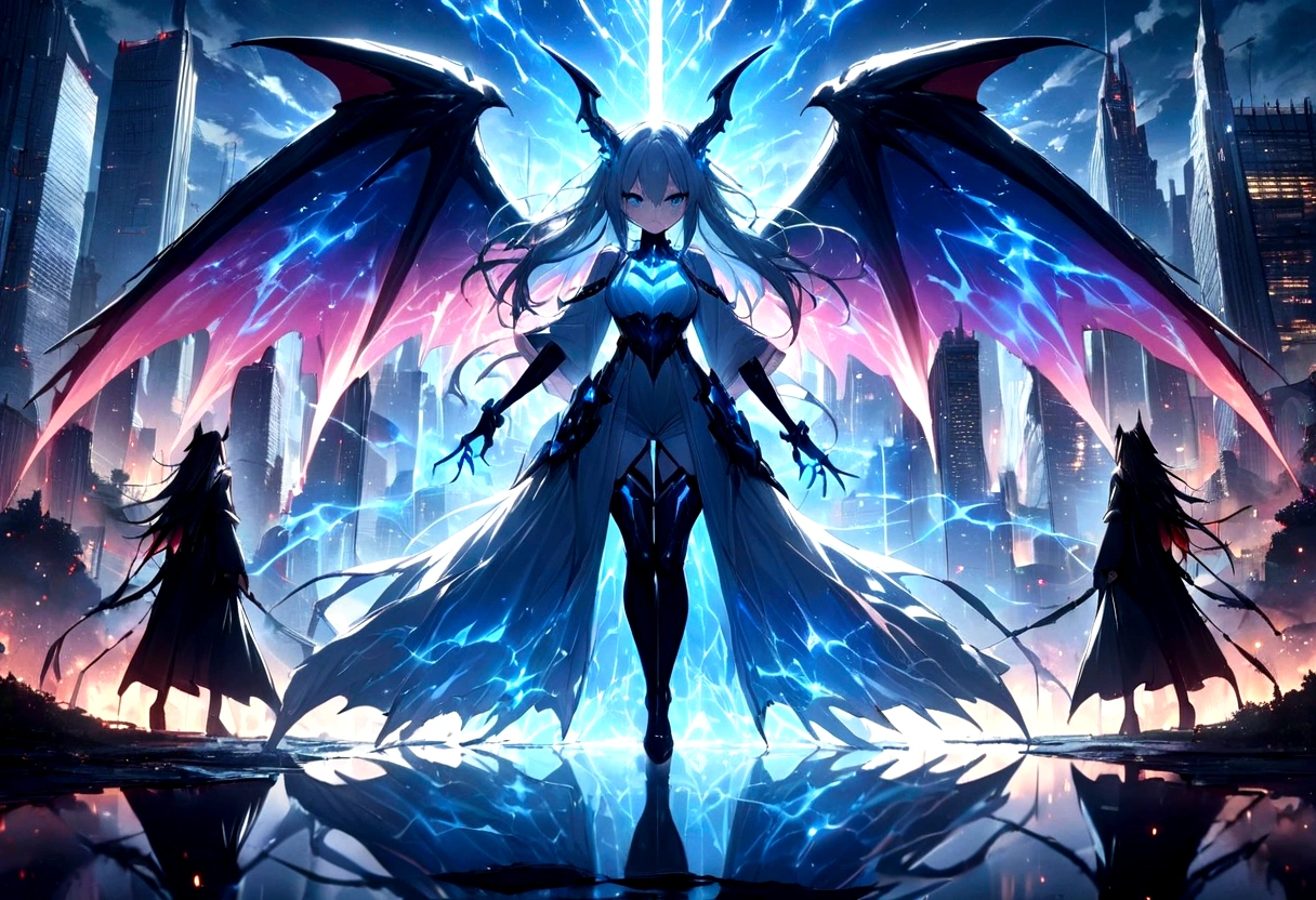 ((masterpiece, Highest quality, Best image quality, High resolution、８ｋ))Huge lion face、A giant humanoid demon、Devil's wings grow、Glowing blue eyes and advanced cybernetic enhancements. Seen in dynamic action poses, reflection on a smooth surface. The cityscape below is filled with towering skyscrapers., illuminated by colorful holographic advertisements, Shining with blue energy, Mighty power. The overall atmosphere is dark and mysterious., It had a futuristic techno vibe.. The lighting is dramatic, Intense highlights and deep shadows, Creates depth and tension.