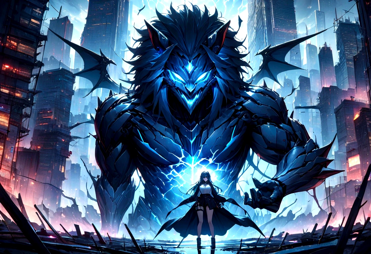 ((masterpiece, Highest quality, Best image quality, High resolution)), A mighty owl in human form,The tail is made of a snake、dangerous & Powerful creatures, Mythical creatures, an ominous fantasy illustration, Greek Dark Mythology、Glowing blue eyes and advanced cybernetic enhancements. The giant demon is seen in a dynamic action pose, Neon-lit rooftop, reflection on a smooth surface. The cityscape below is filled with towering skyscrapers., illuminated by colorful holographic advertisements, Shining with blue energy, Mighty power. The overall atmosphere is dark and mysterious., It had a futuristic techno vibe.. The lighting is dramatic, Intense highlights and deep shadows, Creates depth and tension.