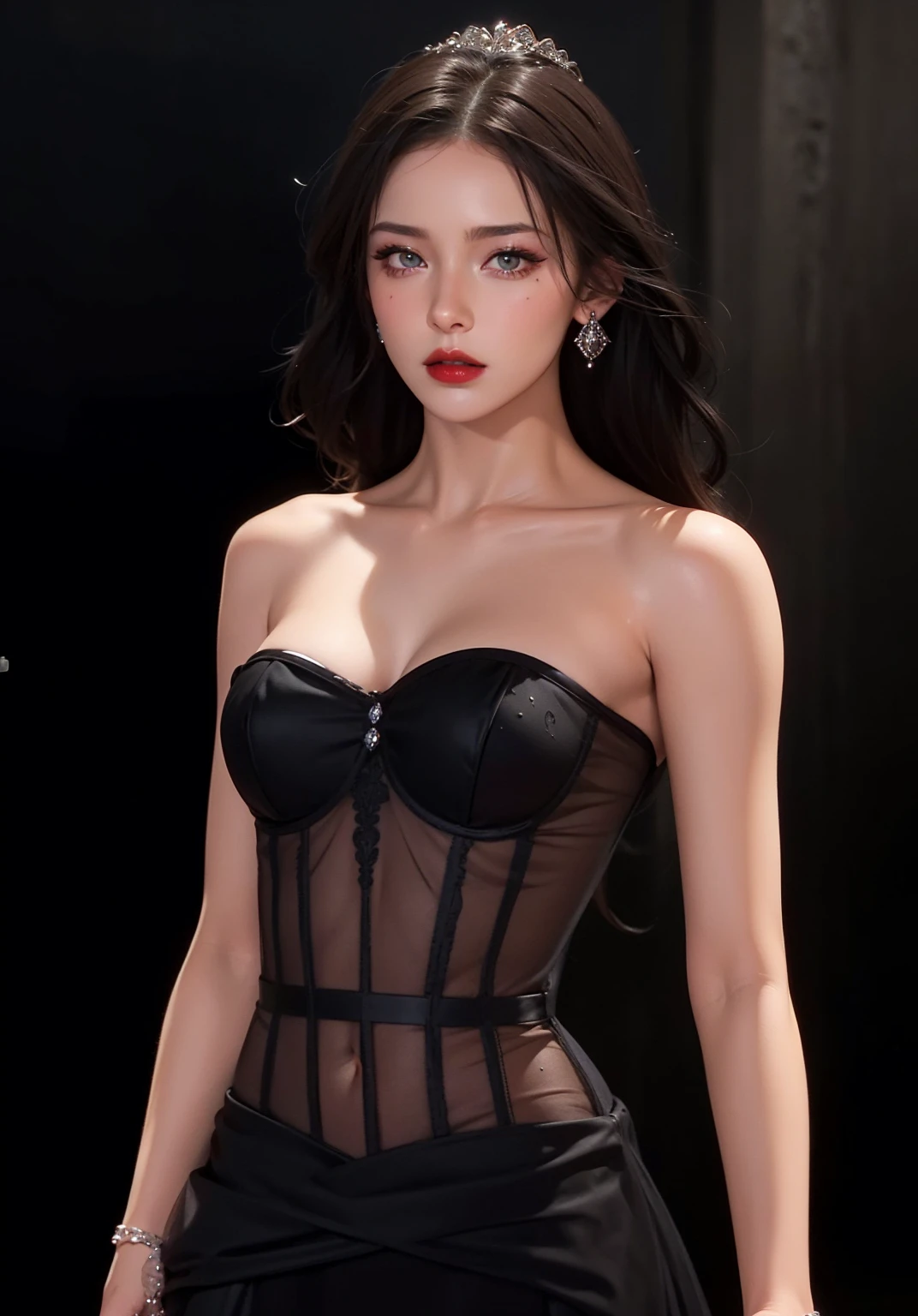 Royal princess，Very detailed, Delicate face, Stock Photography , Portrait 400, F1 Camera Lens.6, Colorful, Surrealism, Realistic textures, Dramatic Lighting, Thin Film Distiller 800 (8K, original photo, Better quality, masterpiece: 1.2), Very detailed, (Extremely delicate skin: 1.2), 8K 超高清, SLR camera, Soft Light, high quality.Fire Queen，Blue pupils，Apply red lipstick，Have a tattoo，The tattoo is very three-dimensional，Gorgeous and intricate tattoo designs，8K Mugshot，Large Breasts，Dark eyeshadow，Sexy thick lips(Red lipstick)，Ice Princess，The facial features are very three-dimensional，Gorgeous and exquisite crystal diamond lace wedding dress，Silver Armor，Exquisite and ornate silver decoration，Universe shining diamond gem，Ultra-clear portrait，Very exquisite and gorgeous jewelry，Transparent clothes