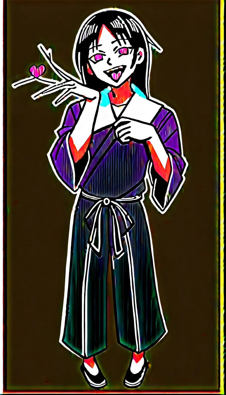 score_9, score_6_climb, source_anime, 1 man, alone, climbper body, Shinomiya Kaguya, conjunctivitis, black hair, black dress, white sailor collar,, Put your hand on your chin., Heart-shaped eyes, no pclimbils, smile softly, tooth, tsurime, black background , stick out your tongue, sexy, saliva, flirt, It has black wings., Hakama style kimono,Thondakar,full body,long hair