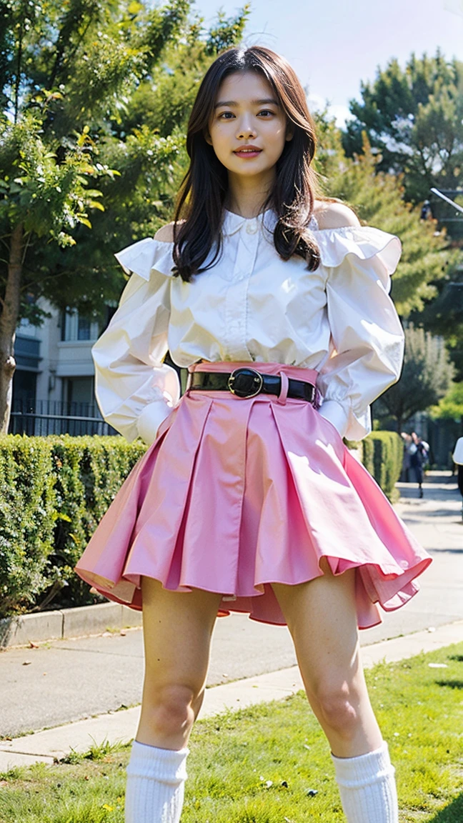 (8K、RAW Photos、Highest quality、masterpiece:1.2)、(Realistic、Realistic)、1 Girl、((mini skirt、Red and Pink、Thin legs、whole body、boots、Clothes with ribbons、Anime Costumes、Chest ribbon、Off the shoulder、See-through、Frills、garden、smile、View from the front、Ribbon on chest、Looking into the camera、belt、Stand with hands on hips))、